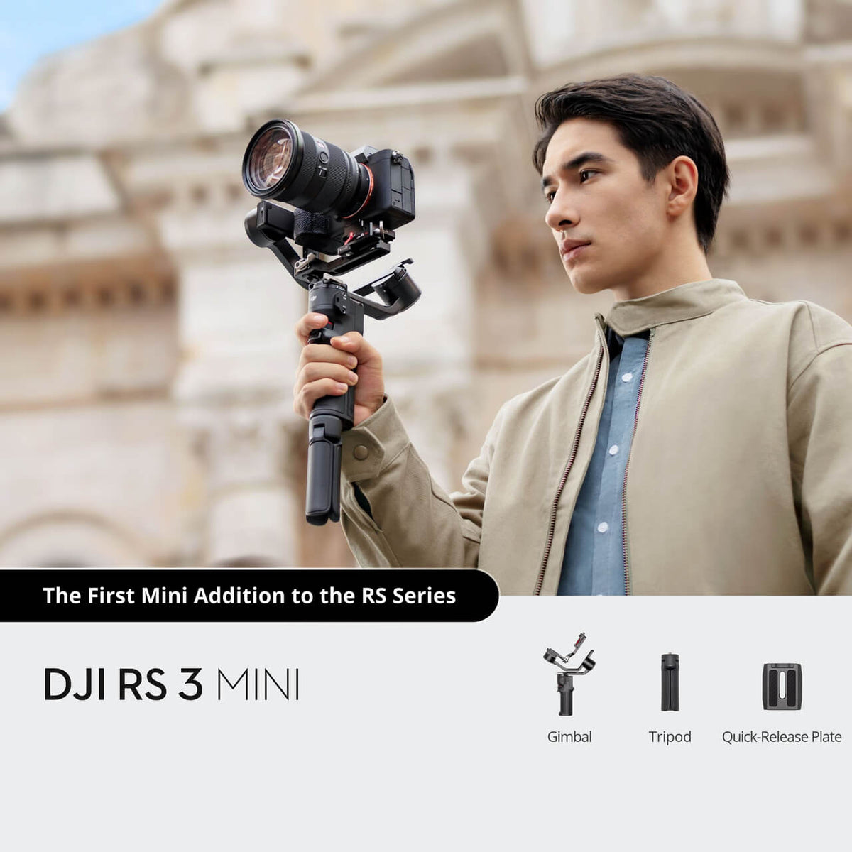 DJI RS 3 Mini official image: gimbal, tripod, quick-release plate (camera not included)