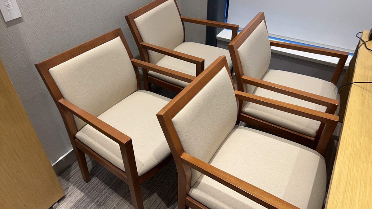 Set of 4 wood frame upholstered guest arm chairs
